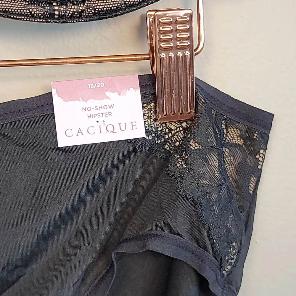 Cacique Unlined Full Coverage Black Lace Bra No Show Hipster Panties Set 46G - Picture 9 of 13